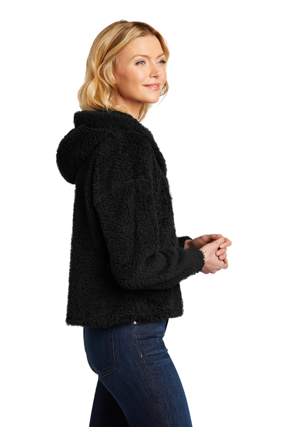 Port Authority L132 Womens Cozy Sherpa Fleece Hooded Sweatshirt Hoodie Black Model Side