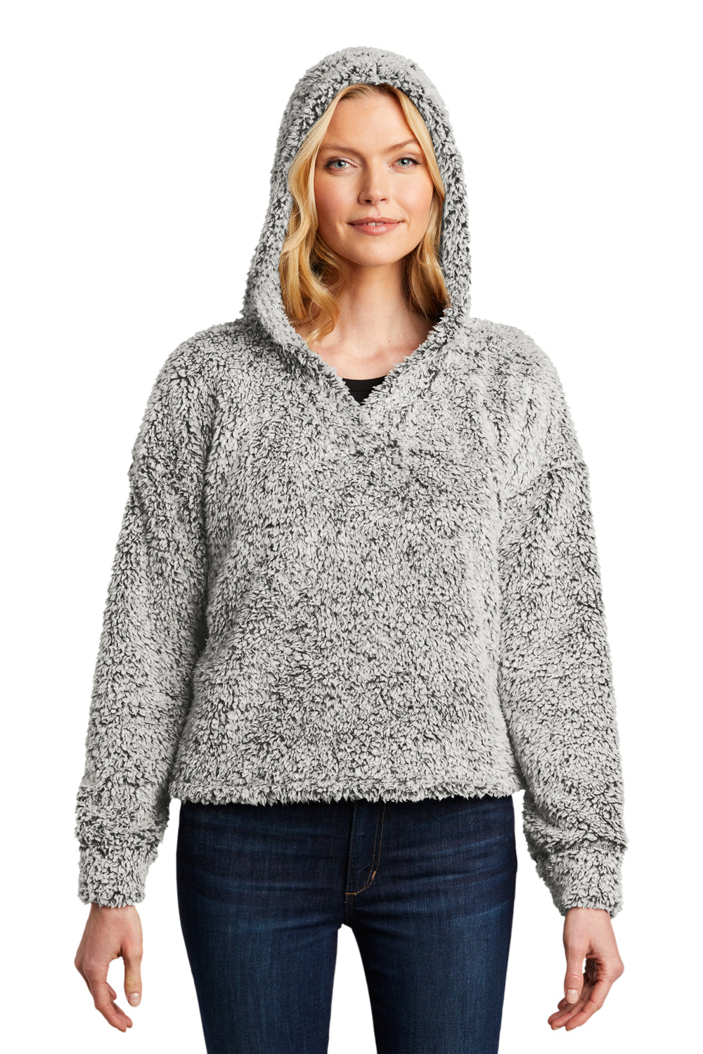 Port Authority L132 Womens Cozy Sherpa Fleece Hooded Sweatshirt Hoodie Heather Grey Model Front