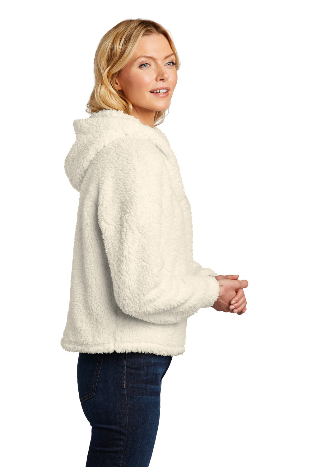 Port Authority L132 Womens Cozy Sherpa Fleece Hooded Sweatshirt Hoodie Marshmallow Model Side