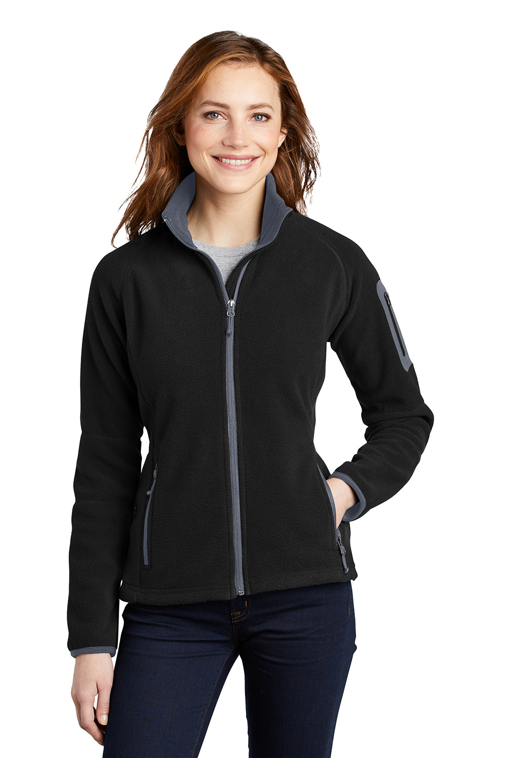 Port Authority L229 Womens Full Zip Fleece Jacket Black/Battleship Grey Model Front