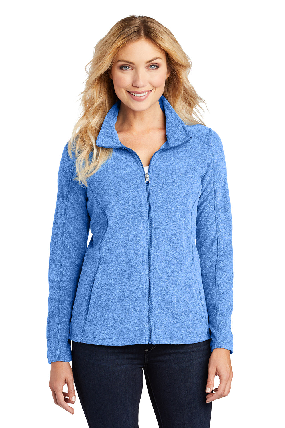 Port Authority L235 Womens Pill Resistant Heather Microfleece Full Zip Sweatshirt Heather Light Royal Blue Model Front