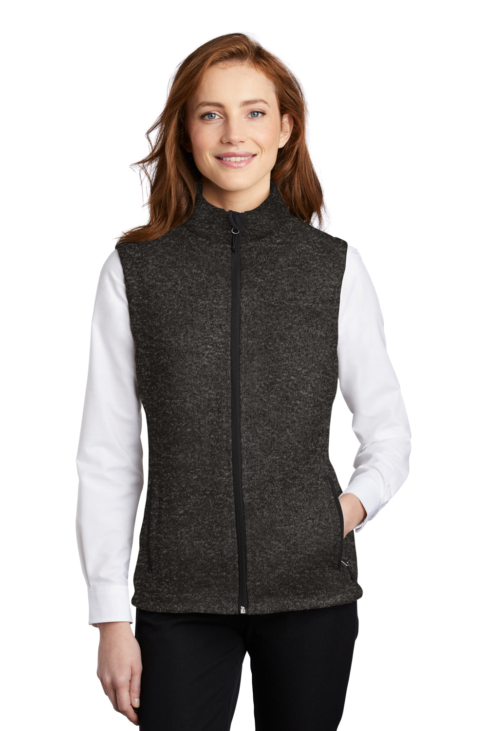 Port Authority L236 Womens Sweater Fleece Full Zip Vest Heather Black Model Front