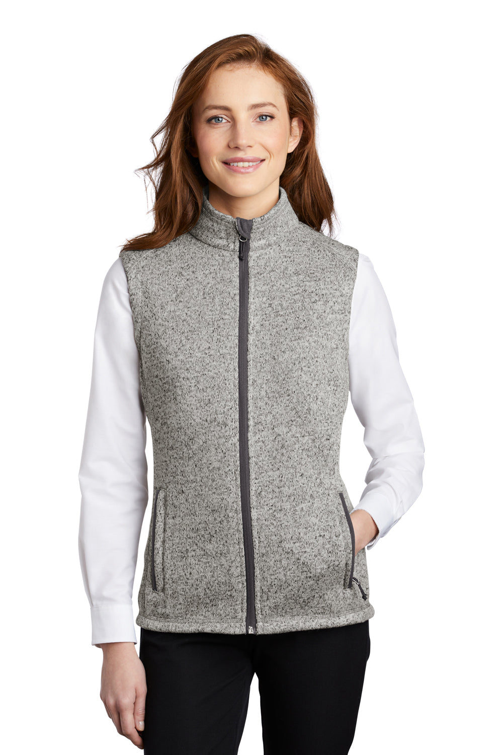 Port Authority L236 Womens Sweater Fleece Full Zip Vest Heather Grey Model Front