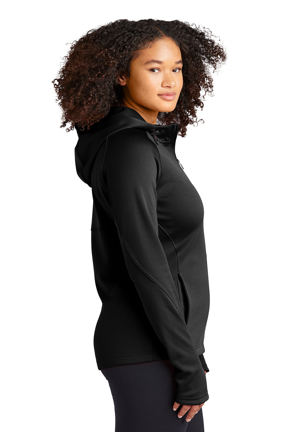 Sport-Tek L248 Womens Tech Moisture Wicking Fleece Full Zip Hooded Sweatshirt Hoodie Black Model Side