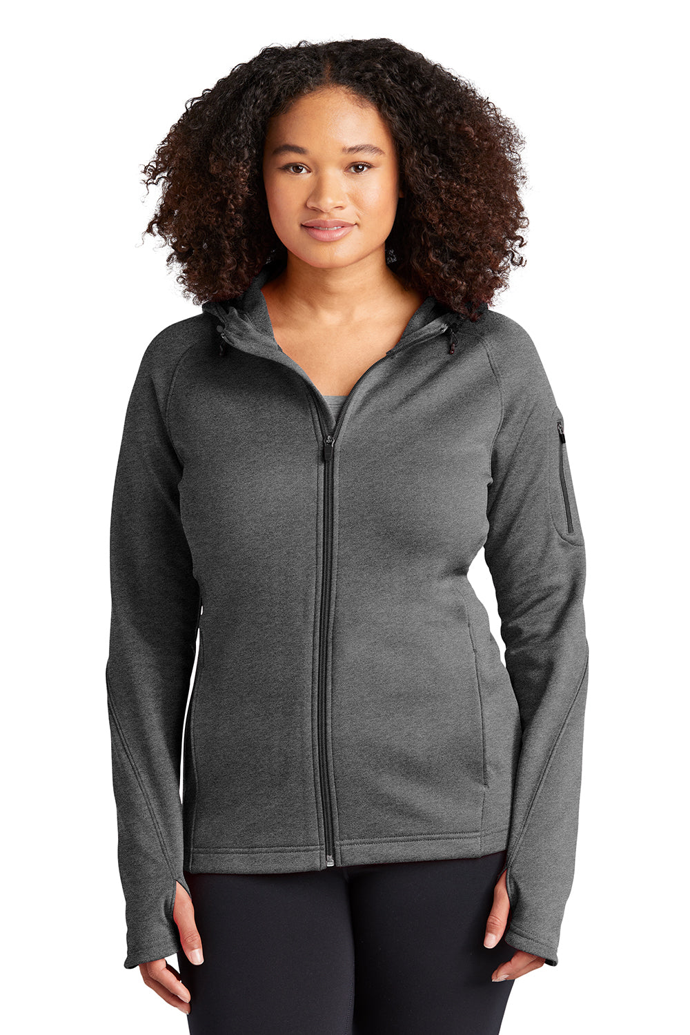 Sport-Tek L248 Womens Tech Moisture Wicking Fleece Full Zip Hooded Sweatshirt Hoodie Heather Graphite Grey Model Front