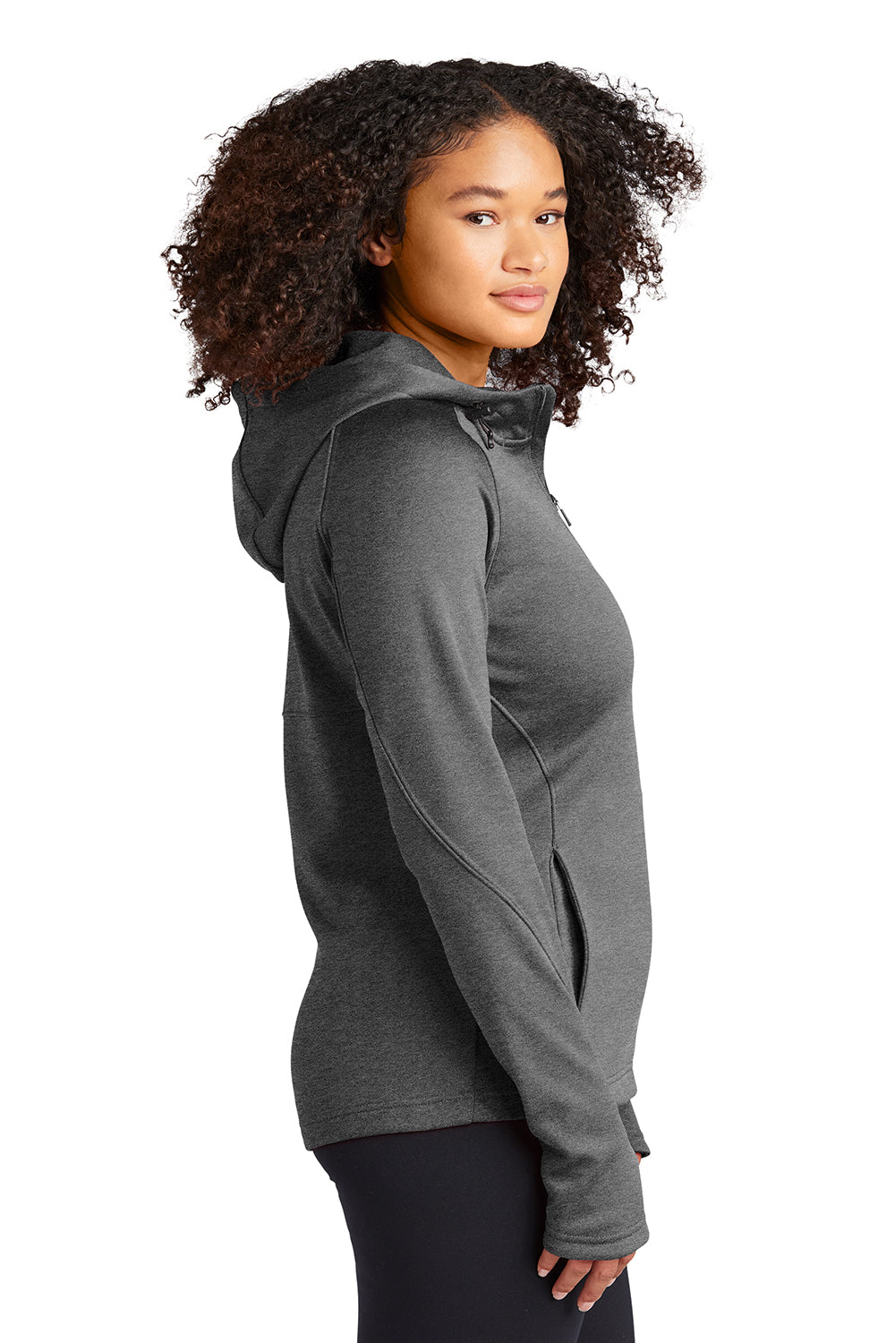 Sport-Tek L248 Womens Tech Moisture Wicking Fleece Full Zip Hooded Sweatshirt Hoodie Heather Graphite Grey Model Side