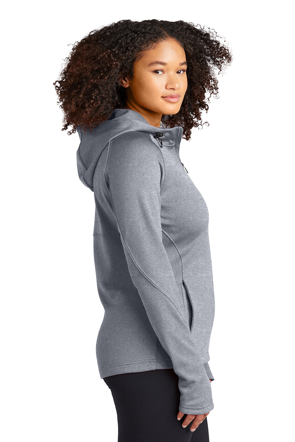 Sport-Tek L248 Womens Tech Moisture Wicking Fleece Full Zip Hooded Sweatshirt Hoodie Heather Grey Model Side