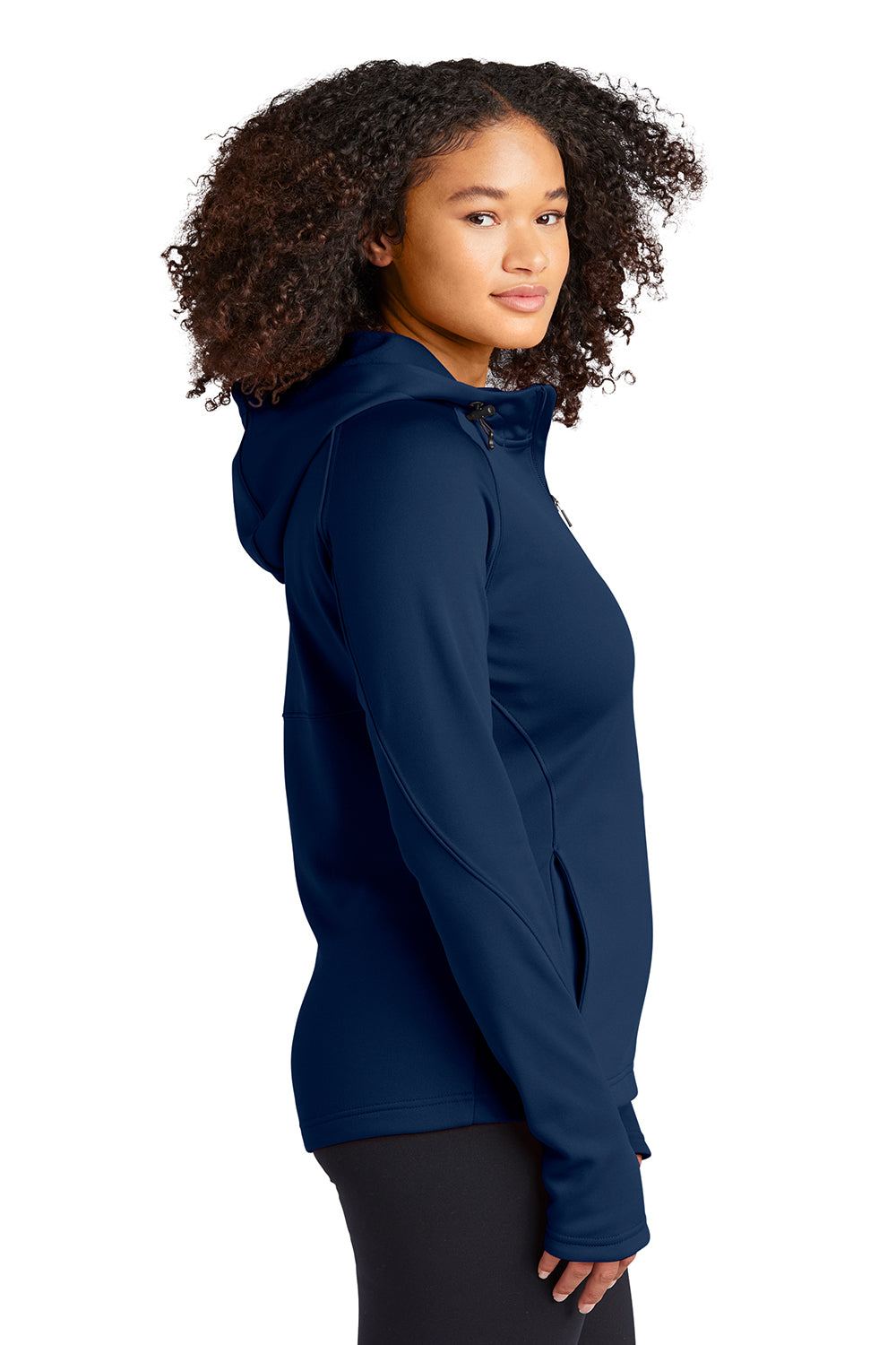 Sport-Tek L248 Womens Tech Moisture Wicking Fleece Full Zip Hooded Sweatshirt Hoodie True Navy Blue Model Side