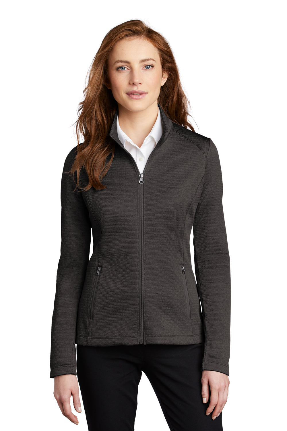 Port Authority L249 Womens Diamond Fleece Full Zip Jacket Heather Dark Charcoal Grey Model Front