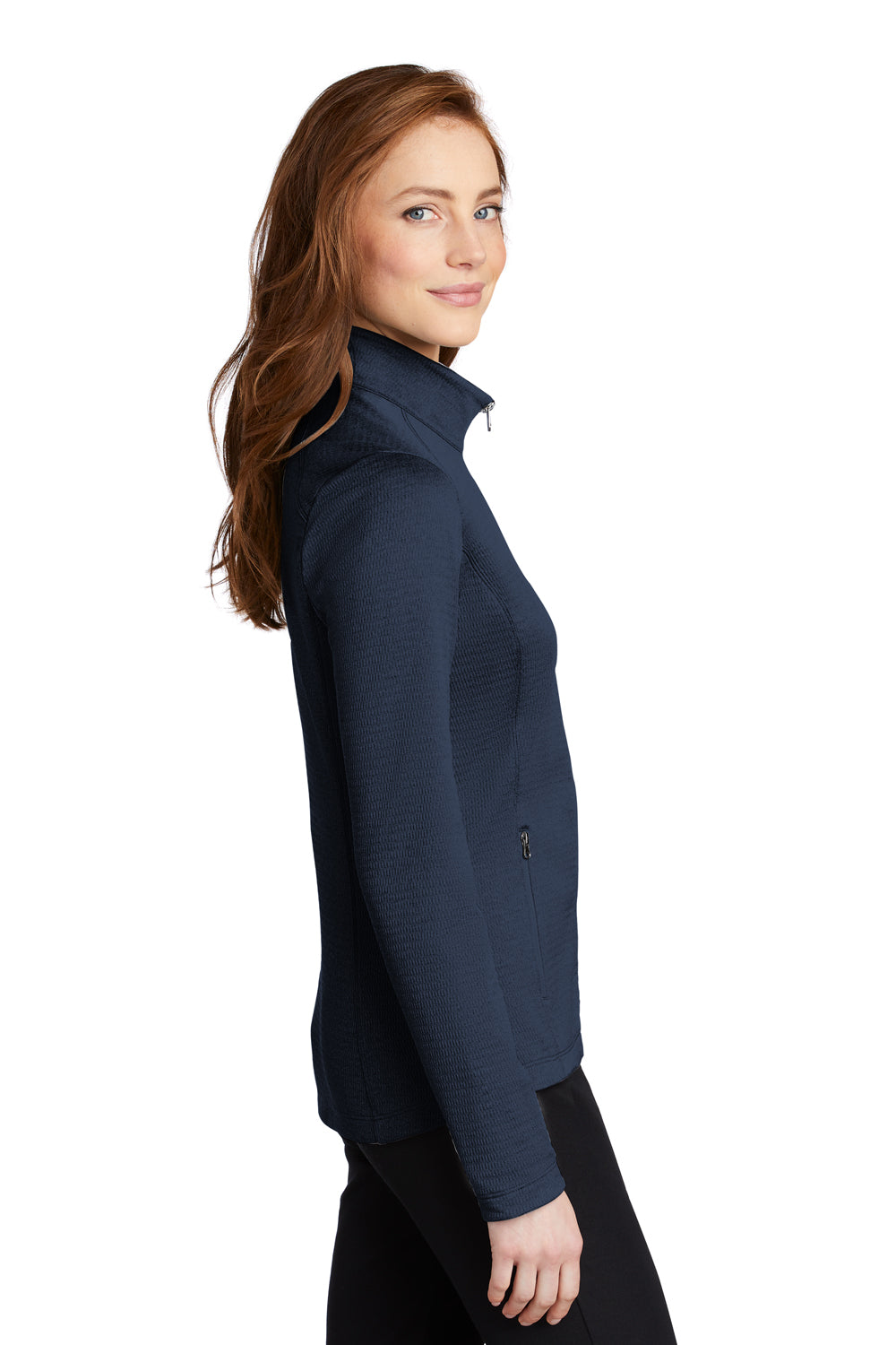 Port Authority L249 Womens Diamond Fleece Full Zip Jacket Heather Dress Blue Navy Model Side