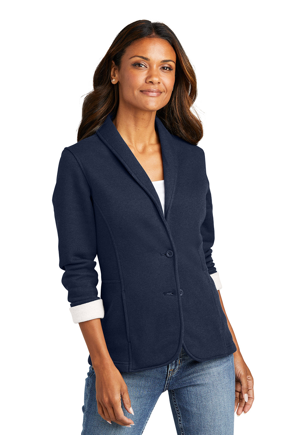 Port Authority L298 Womens Button Down Fleece Blazer Heather Dark Navy Blue Model Front