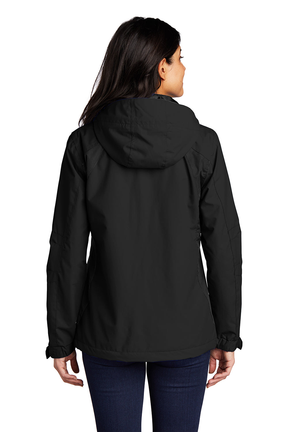 Port Authority L304 Womens All Season II Waterproof Full Zip Hooded Jacket Black Model Back