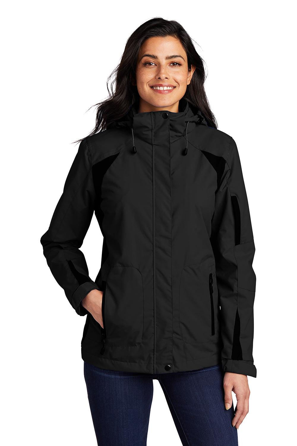 Port Authority L304 Womens All Season II Waterproof Full Zip Hooded Jacket Black Model Front