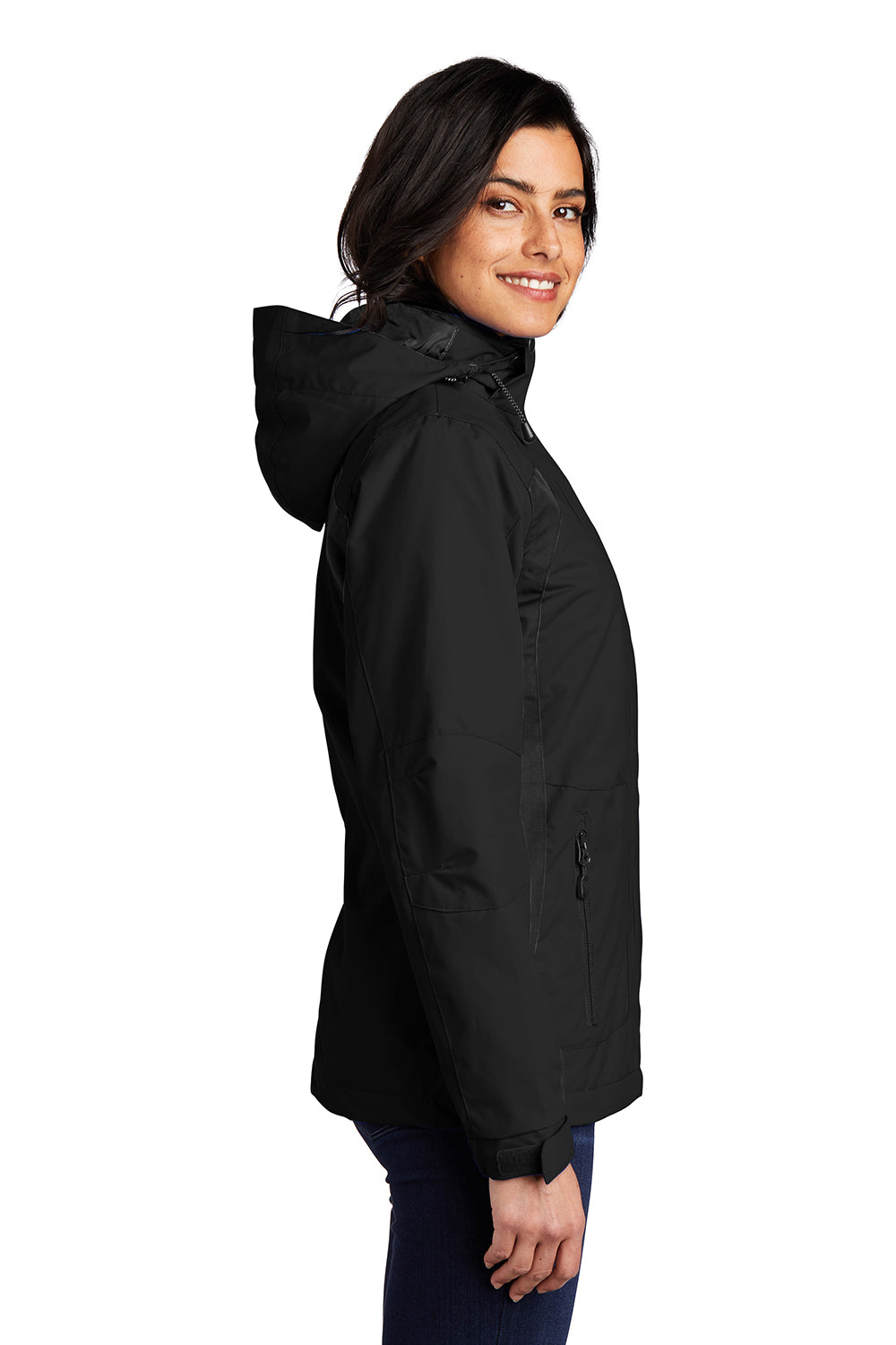 Port Authority L304 Womens All Season II Waterproof Full Zip Hooded Jacket Black Model Side