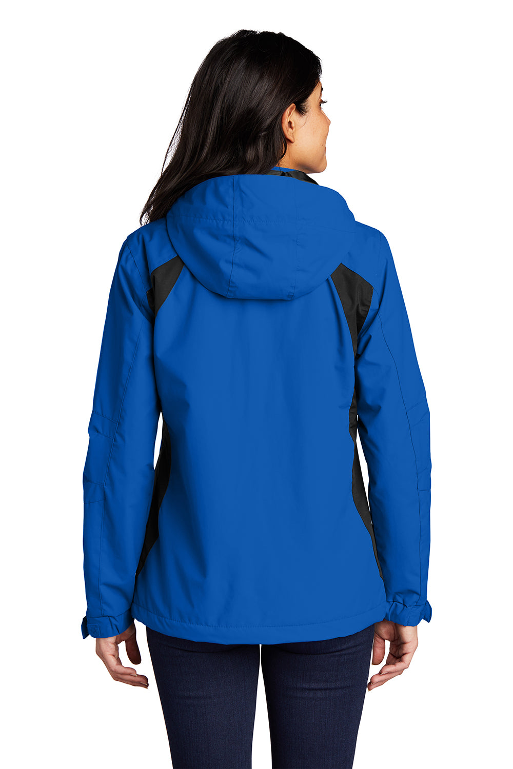 Port Authority L304 Womens All Season II Waterproof Full Zip Hooded Jacket Snorkel Blue/Black Model Back