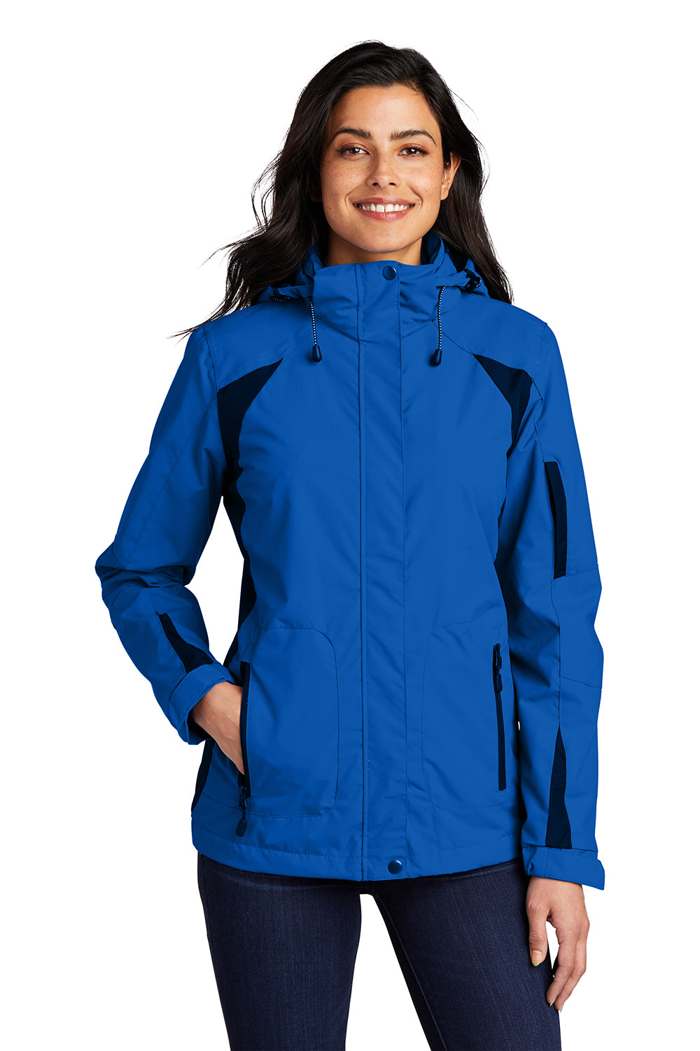 Port Authority L304 Womens All Season II Waterproof Full Zip Hooded Jacket Snorkel Blue/Black Model Front