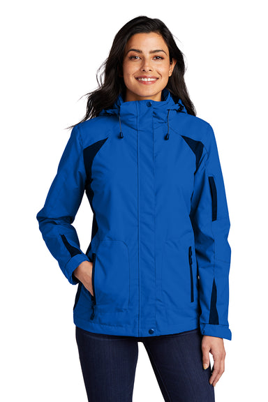 Port Authority L304 Womens All Season II Waterproof Full Zip Hooded Jacket Snorkel Blue/Black Model Front