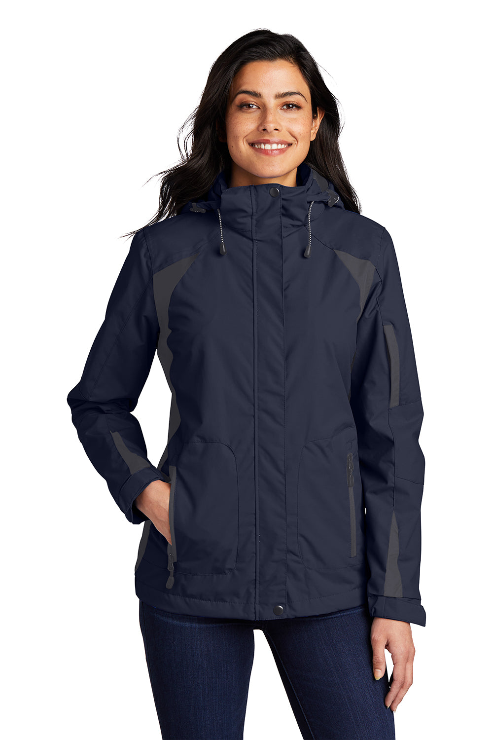 Port Authority L304 Womens All Season II Waterproof Full Zip Hooded Jacket True Navy Blue/Iron Grey Model Front