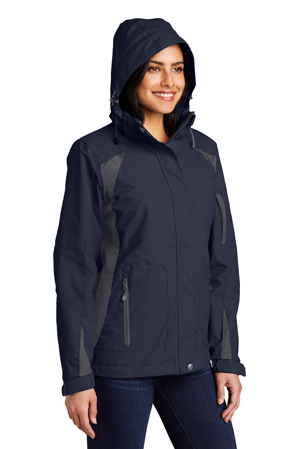 Port Authority L304 Womens All Season II Waterproof Full Zip Hooded Jacket True Navy Blue/Iron Grey Model 3q