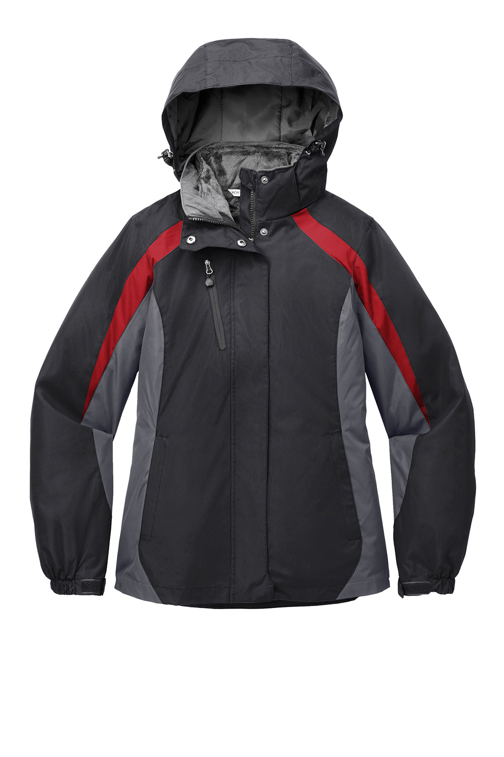 Port Authority L321 Womens 3-in-1 Wind & Water Resistant Full Zip Hooded Jacket Black/Magnet Grey/Signal Red Flat Front