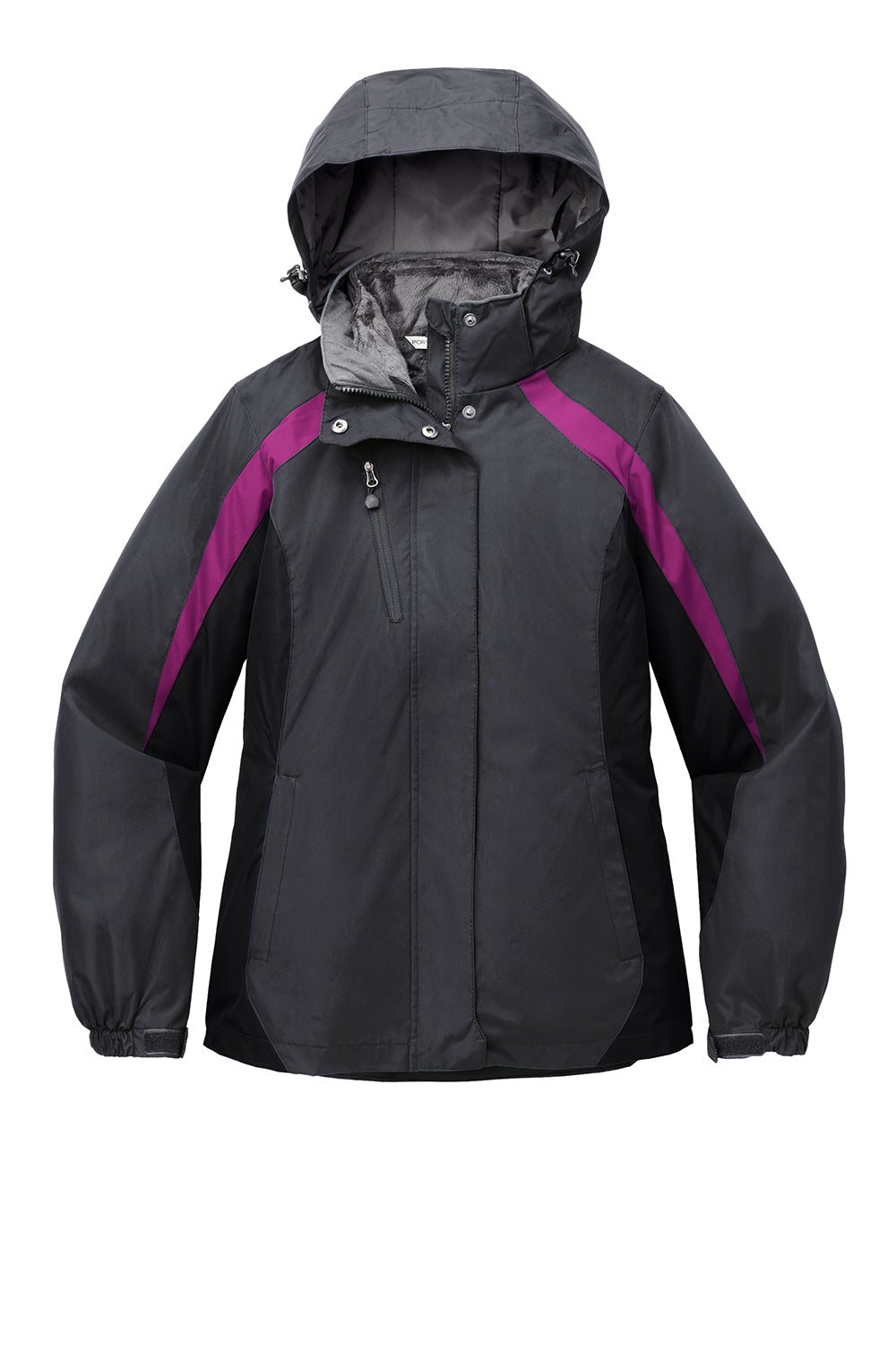 Port Authority L321 Womens 3-in-1 Wind & Water Resistant Full Zip Hooded Jacket Magnet Grey/Black/Very Berry Purple Flat Front