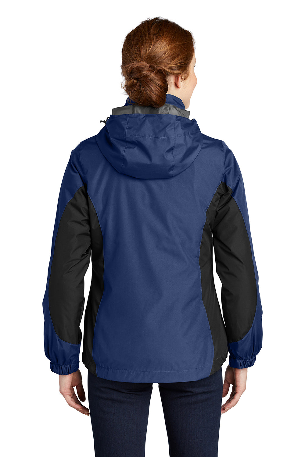 Port Authority L321 Womens 3-in-1 Wind & Water Resistant Full Zip Hooded Jacket Admiral Blue/Black/Magnet Grey Model Back