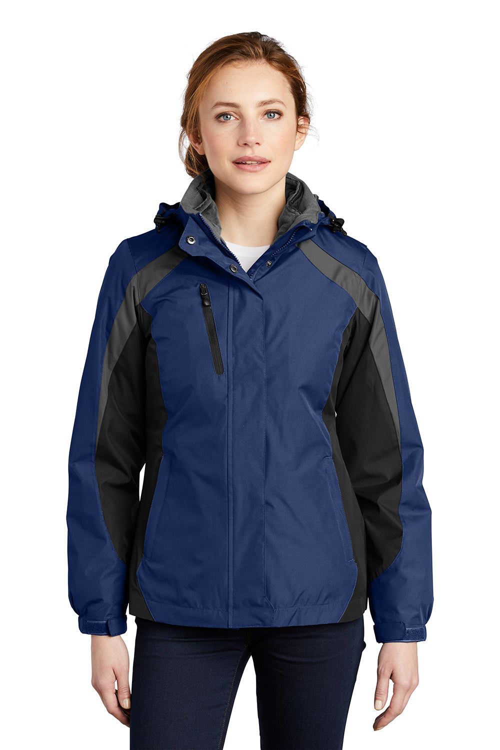 Port Authority L321 Womens 3-in-1 Wind & Water Resistant Full Zip Hooded Jacket Admiral Blue/Black/Magnet Grey Model Front