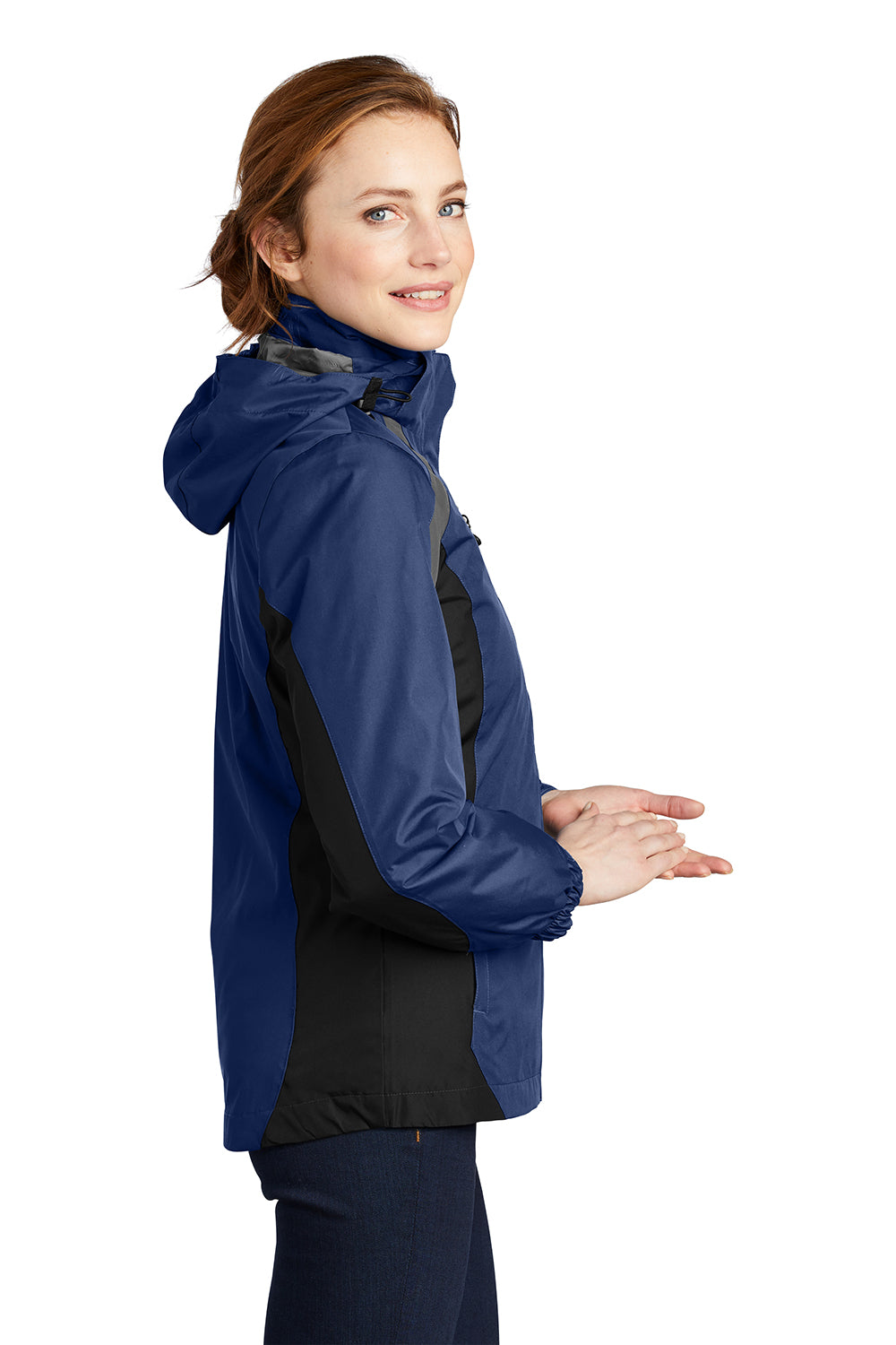 Port Authority L321 Womens 3-in-1 Wind & Water Resistant Full Zip Hooded Jacket Admiral Blue/Black/Magnet Grey Model Side