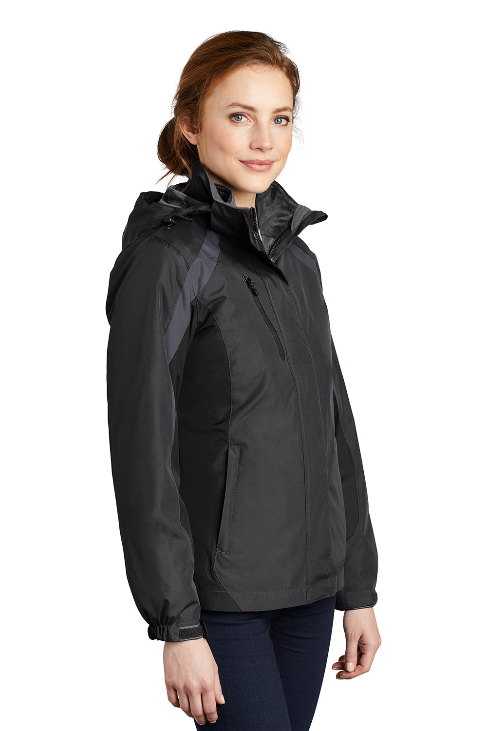 Port Authority L321 Womens 3-in-1 Wind & Water Resistant Full Zip Hooded Jacket Black/Magnet Grey Model 3q