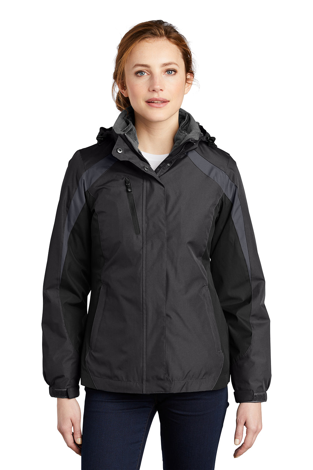 Port Authority L321 Womens 3-in-1 Wind & Water Resistant Full Zip Hooded Jacket Black/Magnet Grey Model Front