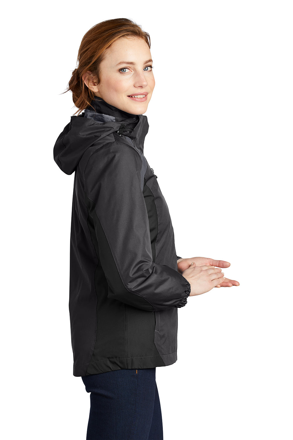 Port Authority L321 Womens 3-in-1 Wind & Water Resistant Full Zip Hooded Jacket Black/Magnet Grey Model Side