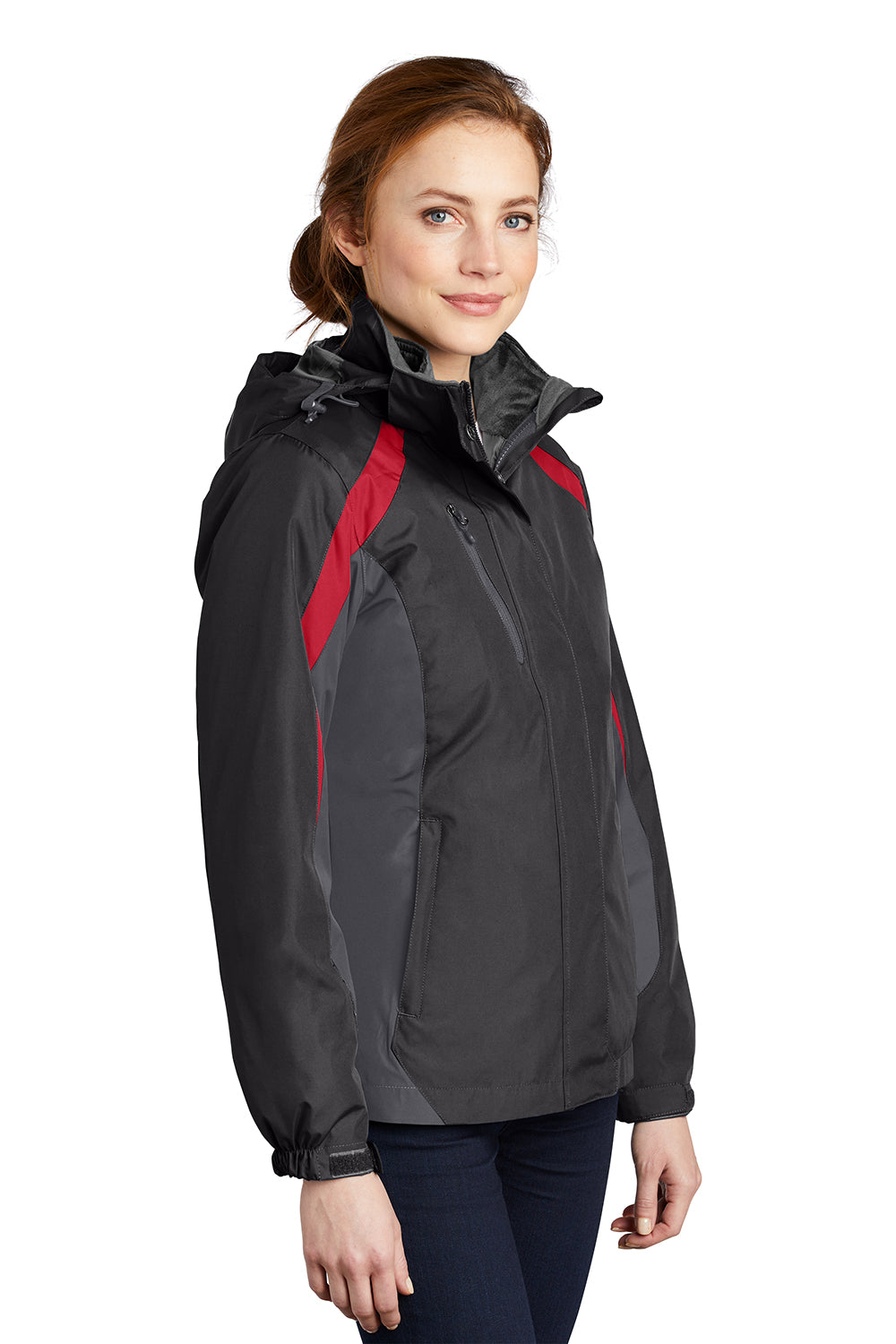 Port Authority L321 Womens 3-in-1 Wind & Water Resistant Full Zip Hooded Jacket Black/Magnet Grey/Signal Red Model 3q