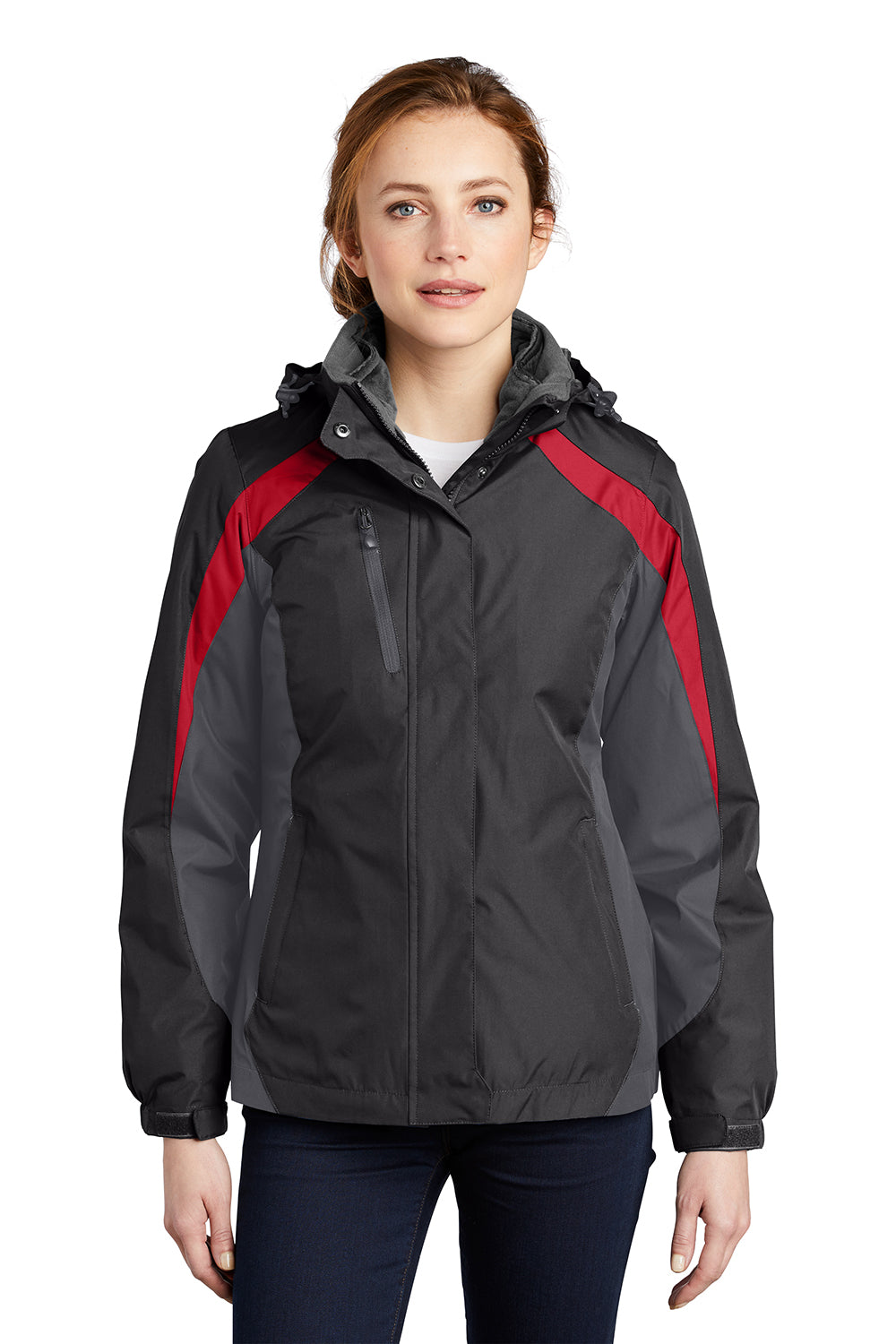 Port Authority L321 Womens 3-in-1 Wind & Water Resistant Full Zip Hooded Jacket Black/Magnet Grey/Signal Red Model Front