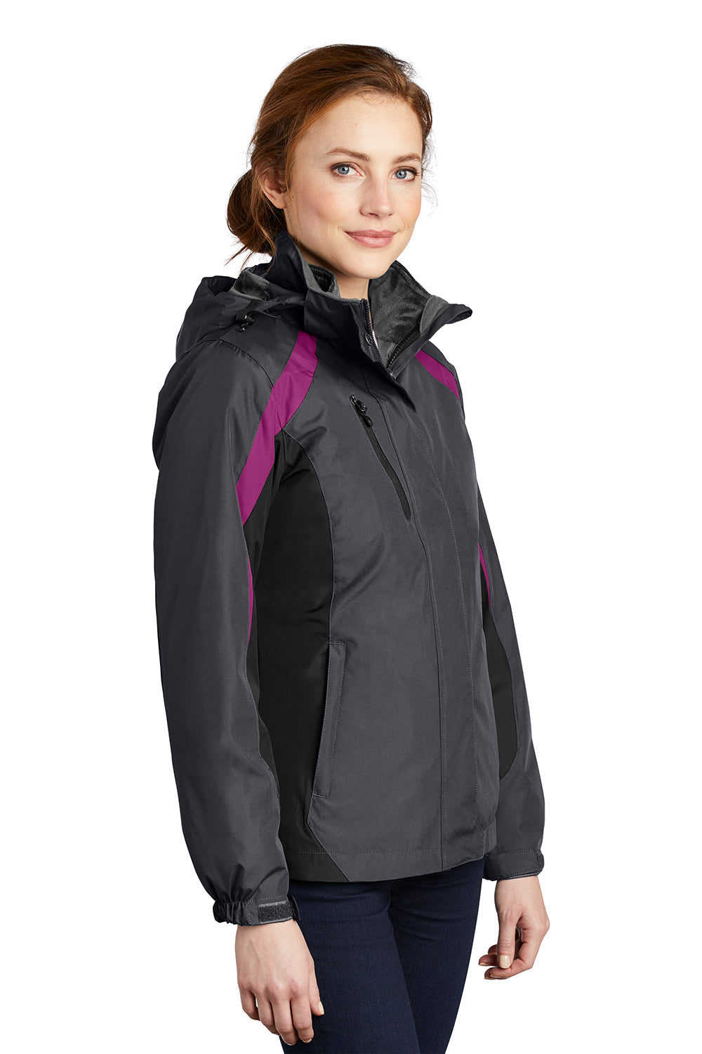 Port Authority L321 Womens 3-in-1 Wind & Water Resistant Full Zip Hooded Jacket Magnet Grey/Black/Very Berry Purple Model 3q