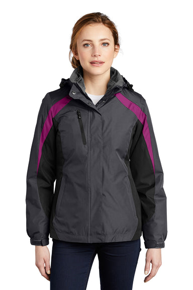 Port Authority L321 Womens 3-in-1 Wind & Water Resistant Full Zip Hooded Jacket Magnet Grey/Black/Very Berry Purple Model Front