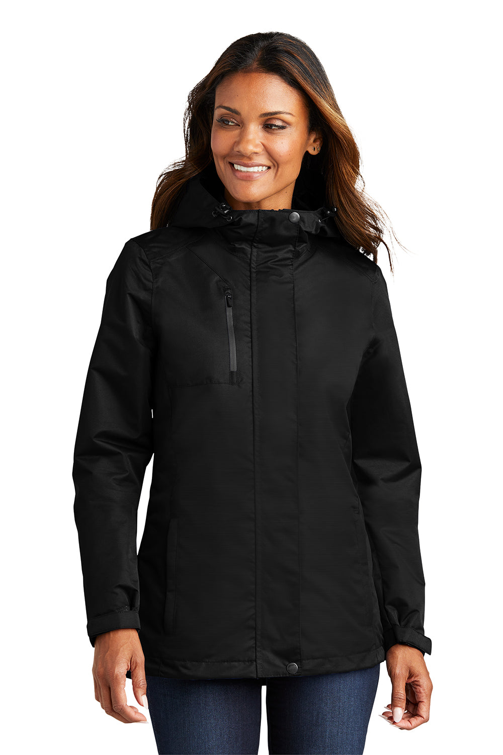 Port Authority L331 Womens All Conditions Waterproof Full Zip Hooded Jacket Black Model Front