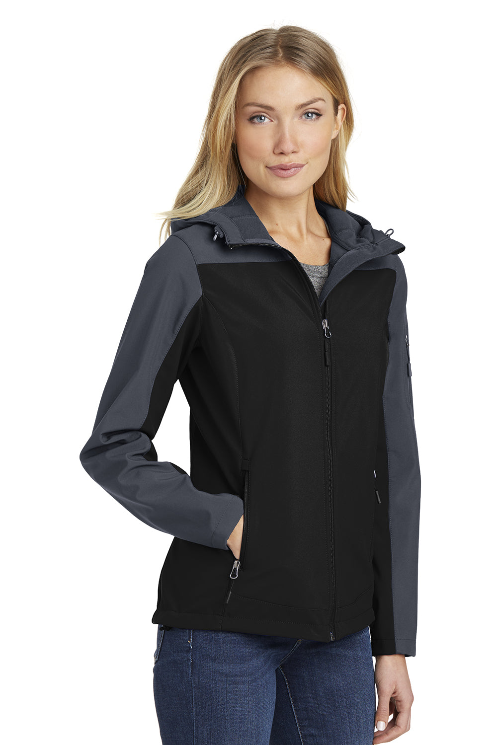 Port Authority L335 Womens Core Wind & Water Resistant Full Zip Hooded Jacket Black/Battleship Grey Model 3q