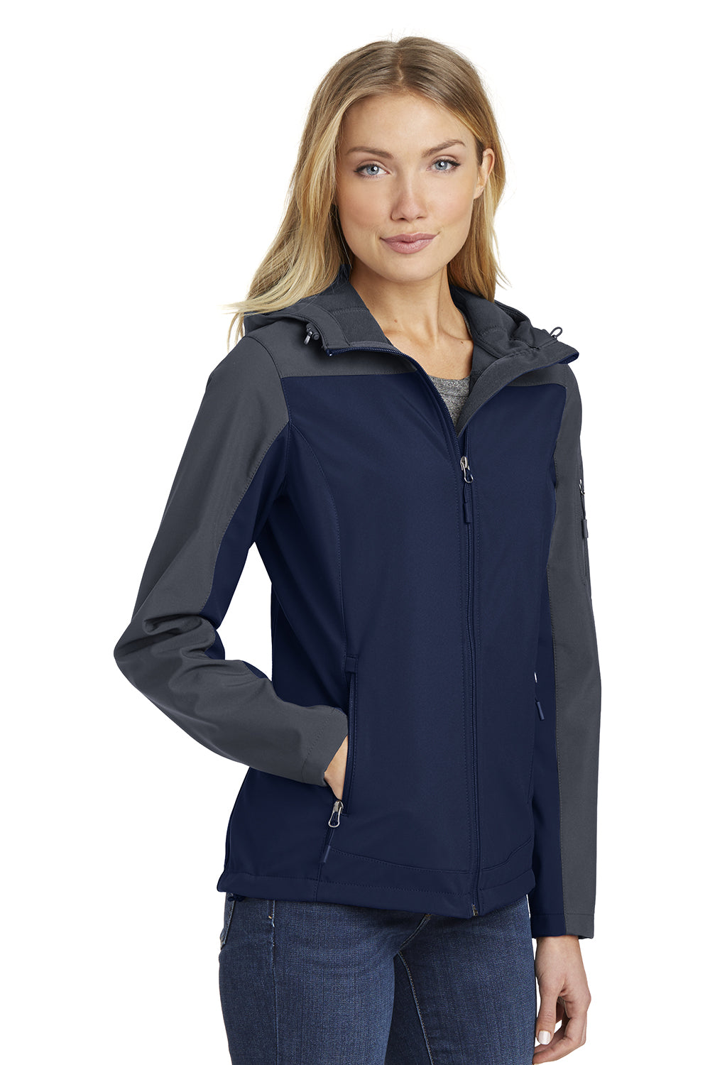 Port Authority L335 Womens Core Wind & Water Resistant Full Zip Hooded Jacket Dress Navy Blue/Battleship Grey Model 3q