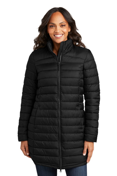 Port Authority L365 Womens Horizon Water Resistant Full Zip Long Puffy Jacket Deep Black Model Front