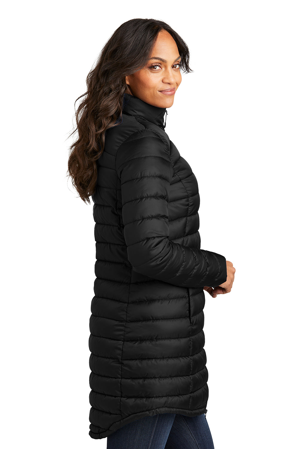 Port Authority L365 Womens Horizon Water Resistant Full Zip Long Puffy Jacket Deep Black Model Side