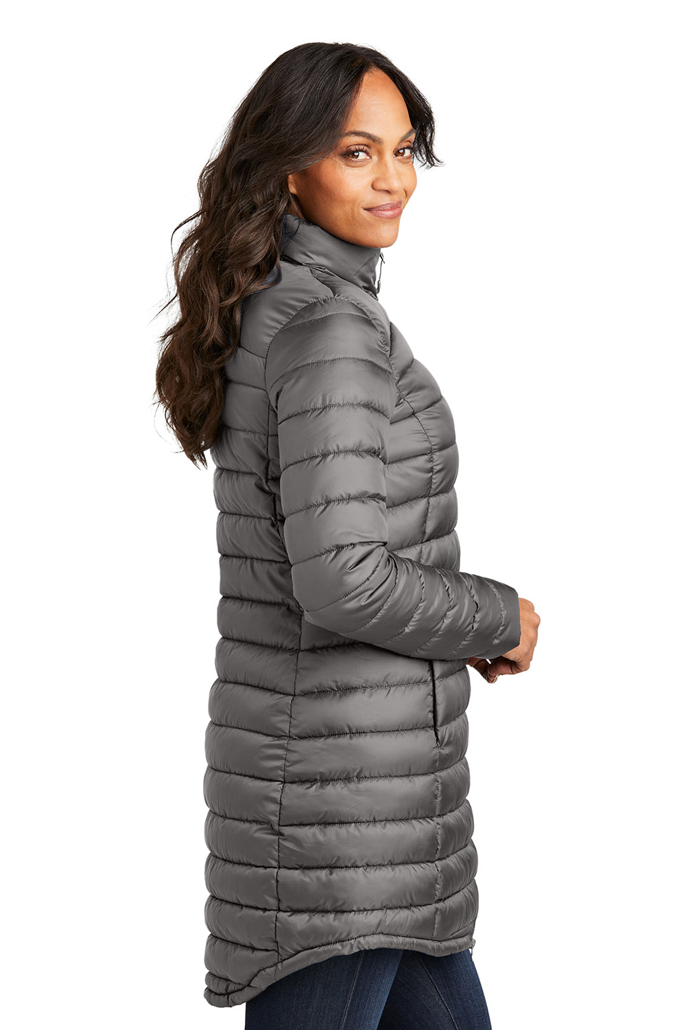 Port Authority L365 Womens Horizon Water Resistant Full Zip Long Puffy Jacket Deep Smoke Grey Model Side