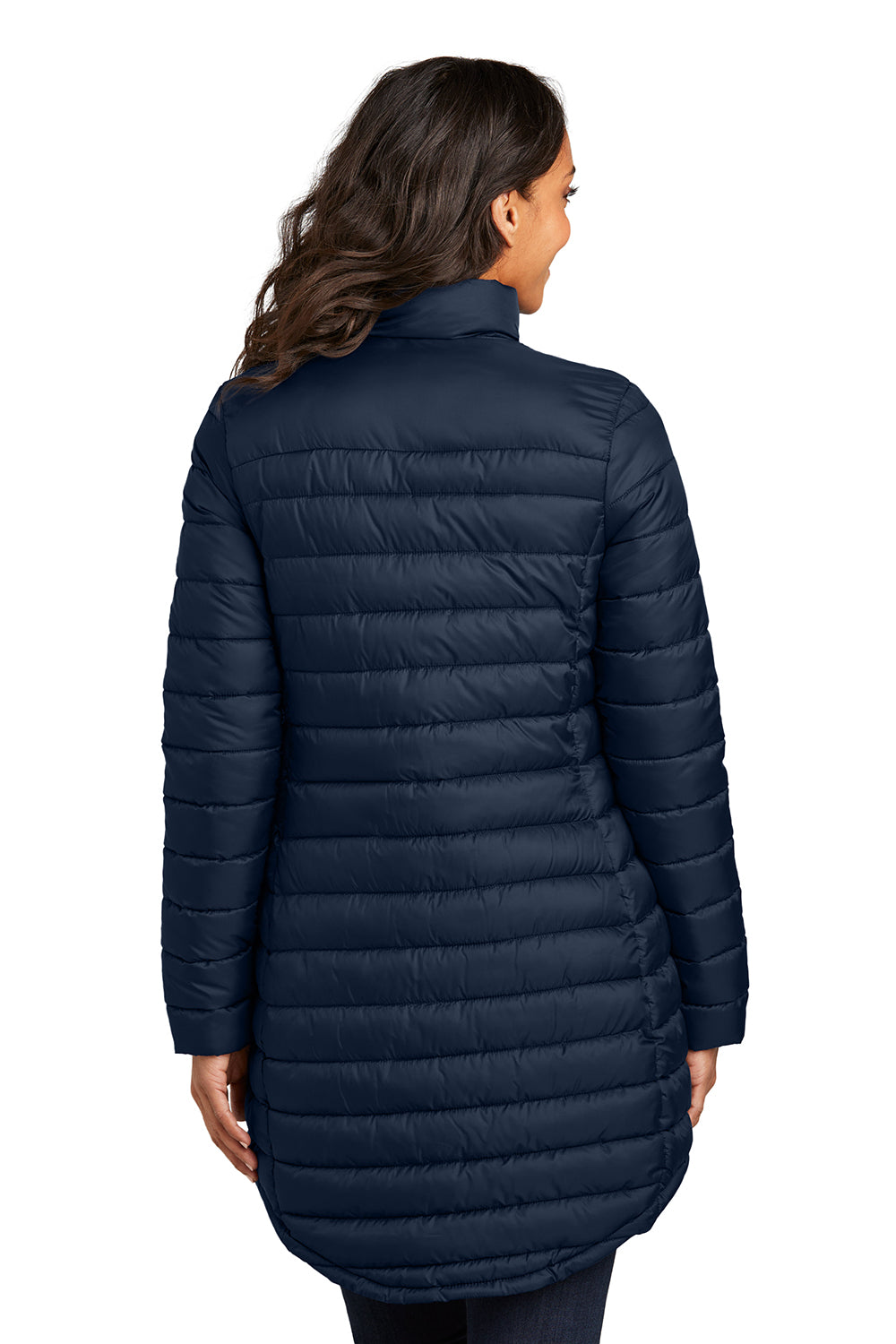 Port Authority L365 Womens Horizon Water Resistant Full Zip Long Puffy Jacket Dress Navy Blue Model Back