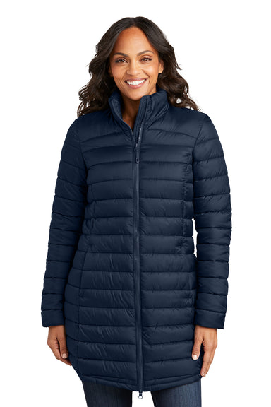 Port Authority L365 Womens Horizon Water Resistant Full Zip Long Puffy Jacket Dress Navy Blue Model Front