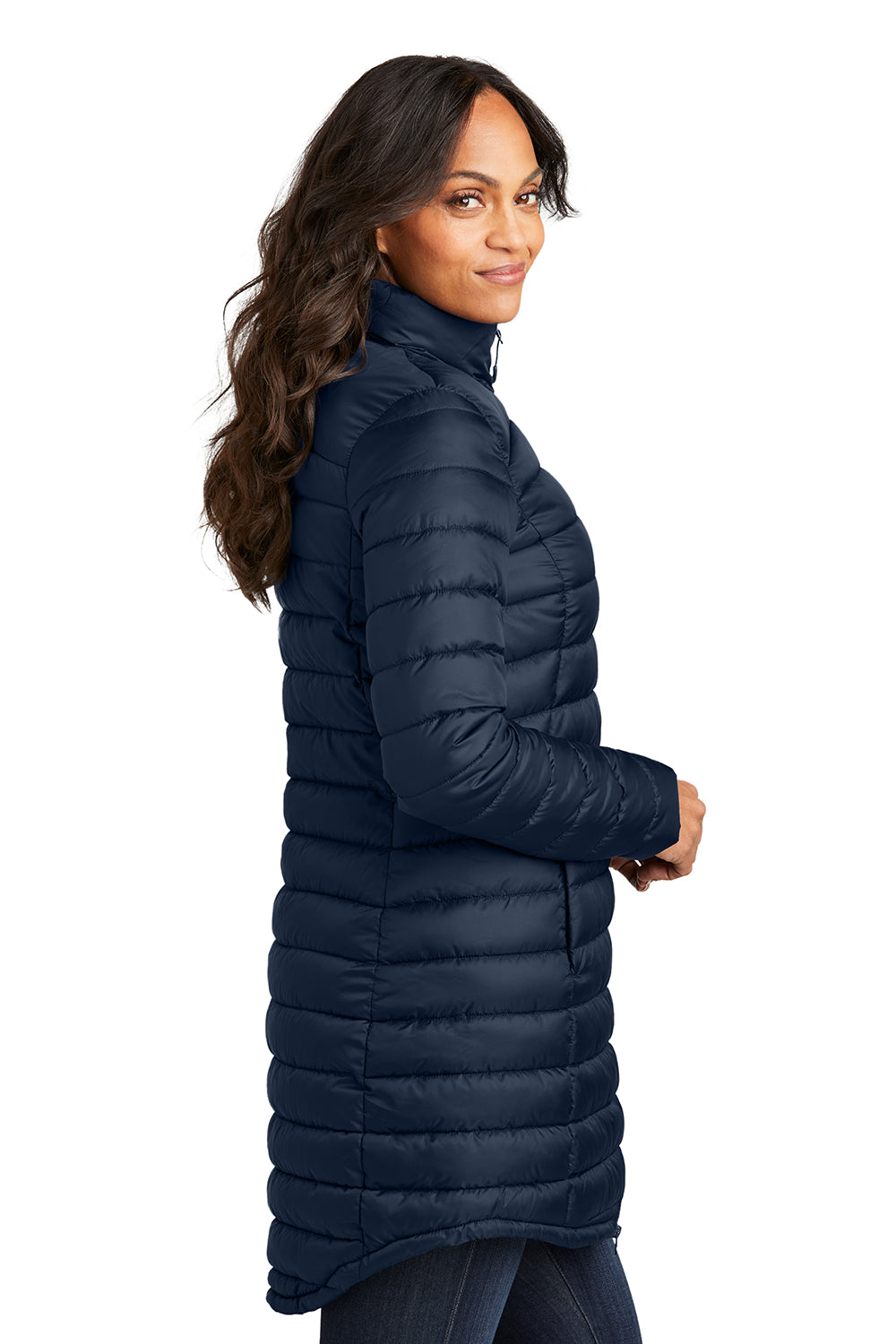 Port Authority L365 Womens Horizon Water Resistant Full Zip Long Puffy Jacket Dress Navy Blue Model Side