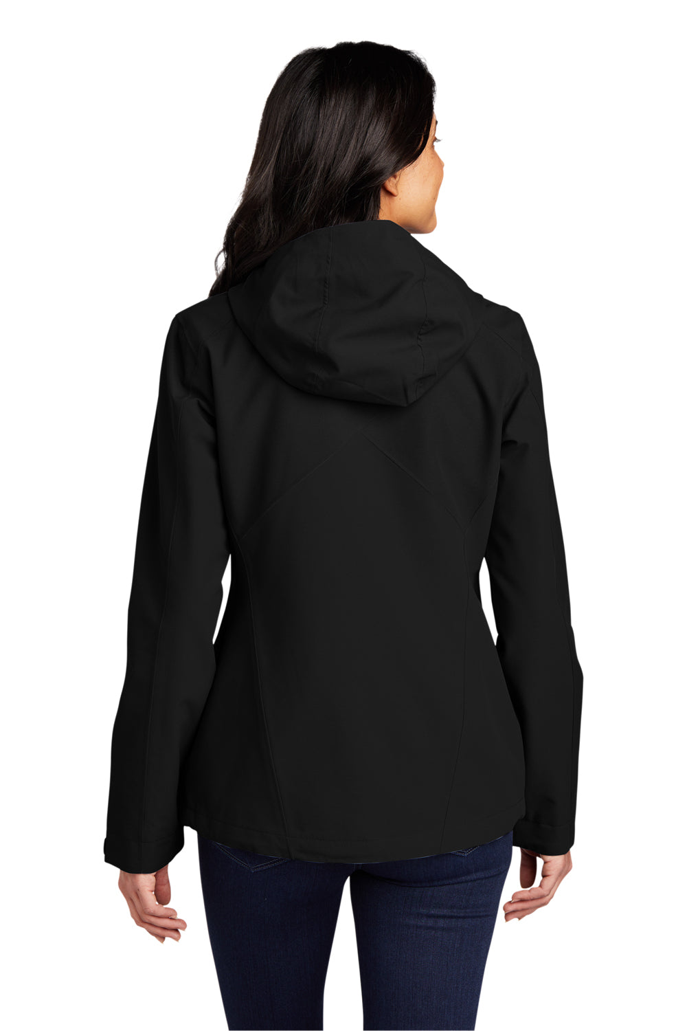 Port Authority L406 Womens Tech Wind & Water Resistant Full Zip Hooded Rain Jacket Deep Black Model Back