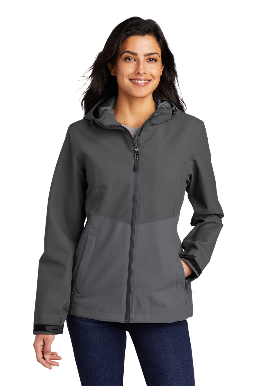 Port Authority L406 Womens Tech Wind & Water Resistant Full Zip Hooded Rain Jacket Storm Grey/Shadow Grey Model Front