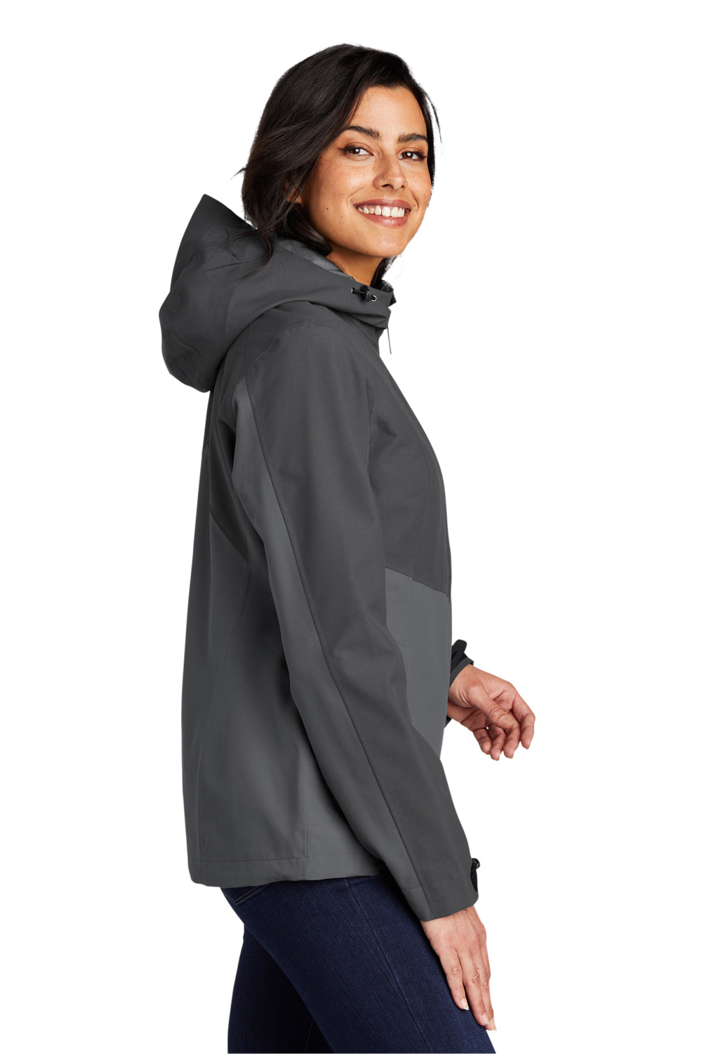 Port Authority L406 Womens Tech Wind & Water Resistant Full Zip Hooded Rain Jacket Storm Grey/Shadow Grey Model Side