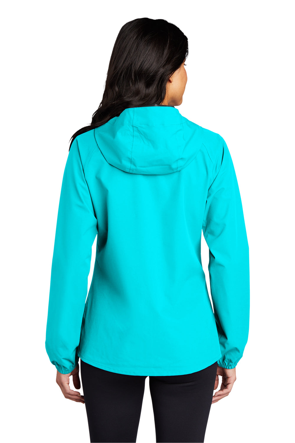 Port Authority L407 Womens Essential Waterproof Full Zip Hooded Rain Jacket Light Cyan Blue Model Back