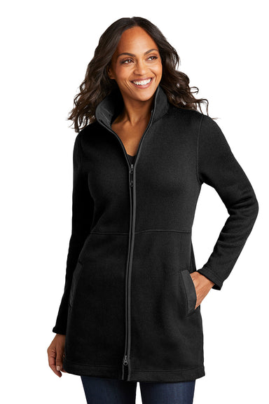 Port Authority L425 Womens Arc Sweater Fleece Full Zip Long Jacket Deep Black Model Front