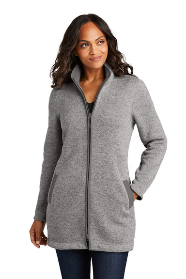 Port Authority L425 Womens Arc Sweater Fleece Full Zip Long Jacket Heather Deep Smoke Grey Model Front